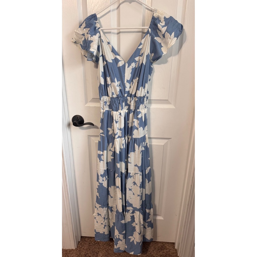 Rachel Zoe Floral Maxi Dress Small Blue Ivory Smocked Tiered Flutter Sleeve